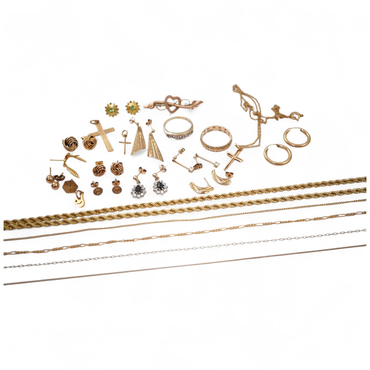 A collection of gold jewellery, comprising: four chains necklaces, two cross pendants, two rings and two pairs of earrings, all with British hallmarks for 9ct gold, combined gross weight approximately 18 grams; together